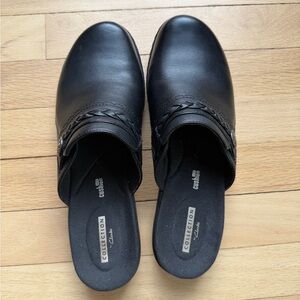 Clarks Black Leather Braided Mules